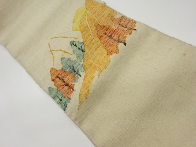 リサイクル　手織り真綿紬山に木々風景模様織出し名古屋帯